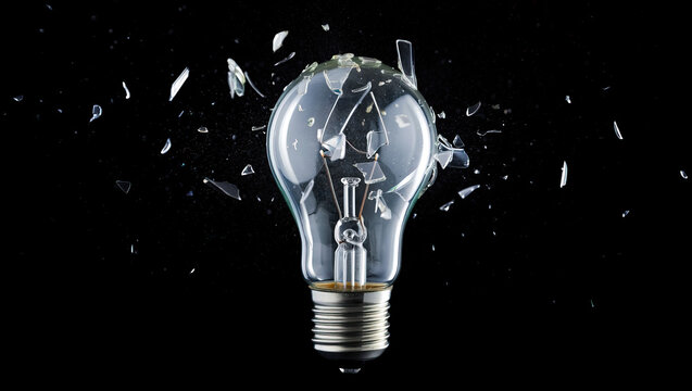 Exploding electric light bulb with flying glass fragments and paint splashes, creating a powerful and dynamic visual of energy and creativity. - Powered by Adobe