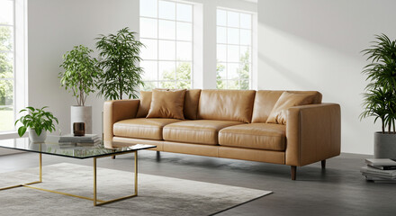 Luxurious tan leather sofa with plush cushions and modern glass coffee table creates inviting living space