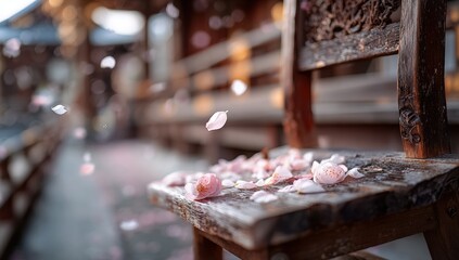 Pink petals on an antique wooden chair