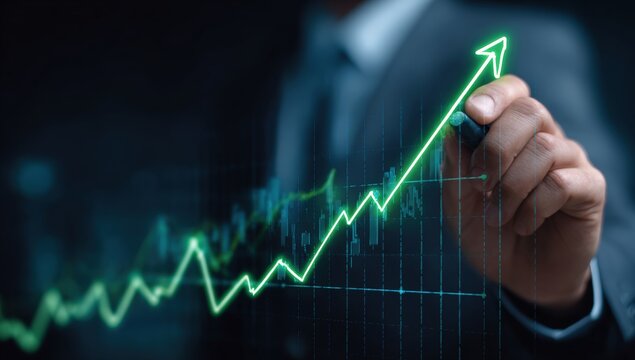 Businessperson drawing a rising stock market graph