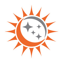 Orange Sun Crescent Moon and Stars Graphic Symbol celestial night