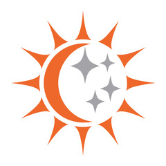 Orange Sun Crescent Moon and Stars Graphic Symbol sparkle