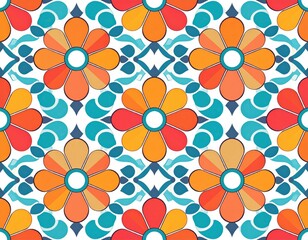 Vibrant Retro Floral Tile Pattern with Cheerful Orange and Teal Flowers.