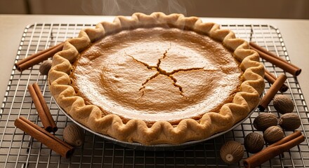 Golden brown baked pie with decorative crust sits on a cooling rack surrounded by cinnamon sticks and nutmeg