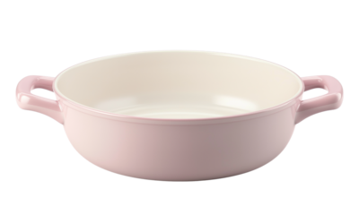 A round, pink cooking pot with two handles, featuring a smooth interior and exterior design.