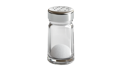 A glass salt shaker filled with white salt, featuring a metallic lid with multiple holes for easy dispensing.