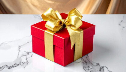 Obraz premium Festive Red Gift Box with Golden Bow on Marble Surface A Celebration of Giving
