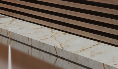 Product display background, showroom, marble floor and wooden slats, 3D illustration