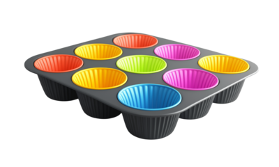 A colorful muffin baking tray featuring nine individual cups in vibrant hues.