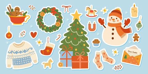 Festive Christmas stickers set with tree snowman gifts stockings ornaments wreaths and holiday decorations in cheerful hand drawn style on light blue background
