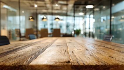 Close-up of a wooden conference table in a modern office space.  Blurred background
