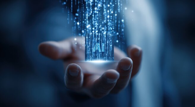 Hand holding digital AI symbol