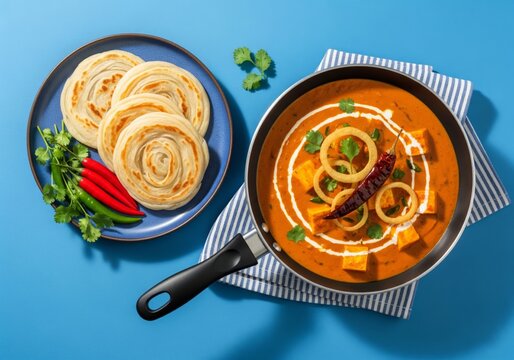 Traditional Paneer Butter Masala Served with Indian Bread Parotta