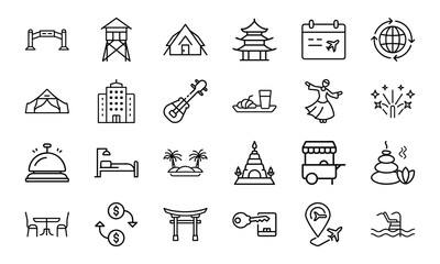 Travel and Tourism Outline Icons Set – Hotel, Tent, Airplane, Globe, Calendar, Food and Drink, Guitar, Dance, Fireworks, Palm Trees, Temple, Spa, Beach Chair, Currency Exchange, Souvenir, Restaurant, 