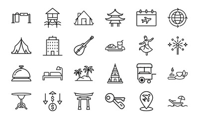 Travel and Tourism Outline Icons Set – Hotel, Tent, Airplane, Globe, Calendar, Food and Drink, Guitar, Dance, Fireworks, Palm Trees, Temple, Spa, Beach Chair, Currency Exchange, Souvenir, Restaurant, 