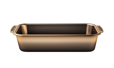 A sleek, metallic roasting pan featuring smooth edges and sturdy handles, designed for cooking and serving various dishes.