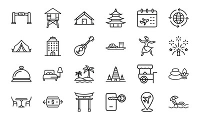 Travel and Tourism Outline Icons Set – Hotel, Tent, Airplane, Globe, Calendar, Food and Drink, Guitar, Dance, Fireworks, Palm Trees, Temple, Spa, Beach Chair, Currency Exchange, Souvenir, Restaurant, 
