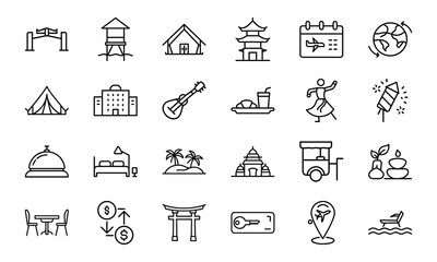 Travel and Tourism Outline Icons Set – Hotel, Tent, Airplane, Globe, Calendar, Food and Drink, Guitar, Dance, Fireworks, Palm Trees, Temple, Spa, Beach Chair, Currency Exchange, Souvenir, Restaurant, 