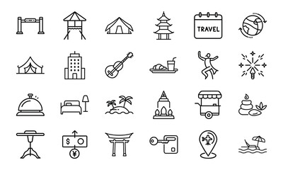 Travel and Tourism Outline Icons Set – Hotel, Tent, Airplane, Globe, Calendar, Food and Drink, Guitar, Dance, Fireworks, Palm Trees, Temple, Spa, Beach Chair, Currency Exchange, Souvenir, Restaurant, 