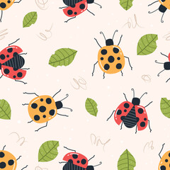 Cute cartoon ladybug seamless pattern with leaves and aesthetic lines. Vector illustration for print, cover, textile, wrapping, t-shirt, packaging, bedding, clothing and others