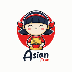 Cute cartoon vector illustration of an Asian girl Logo Design