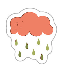 Rain cloud sticker. Color hand drawn clipart illustration.