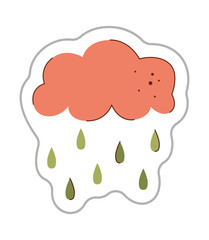 Sticker with cloud and rain. Color hand drawn clipart illustration.