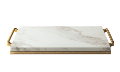 A sleek, rectangular serving tray featuring a white marble surface with golden handles, elegantly designed for serving food or display.