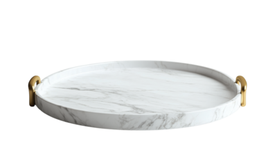 A sleek, round marble tray with gold handles, showcasing a modern and elegant design suitable for various settings.