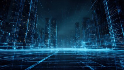 Futuristic city at night, digital network overlay