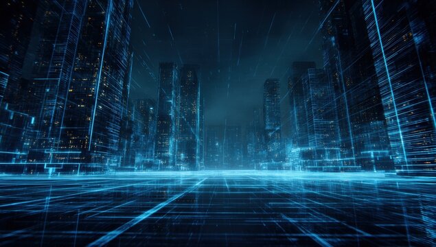 Futuristic city at night, digital network overlay