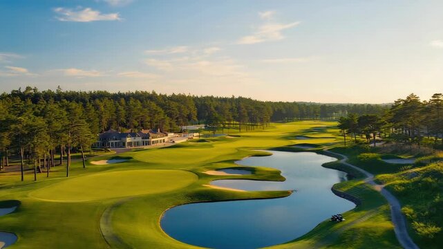 Scenic View of Golf Course with Lush Greens and Water Features for Leisure and Resort Promotion