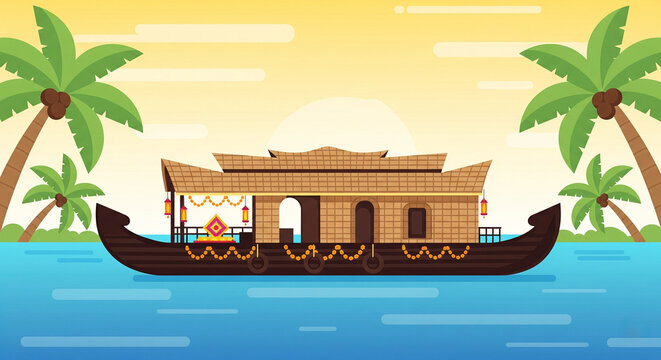 minimal flat vector illustration of a traditional kerala houseboat on calm blue backwaters with palm trees in festive onam theme
