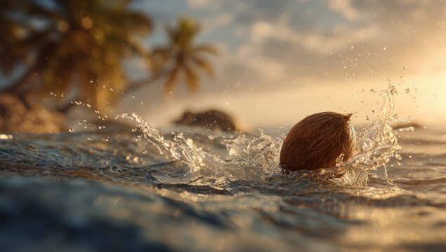 Coconut splashing in ocean at sunset - Powered by Adobe