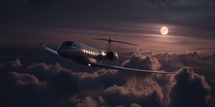 Private jet soaring through clouds at night