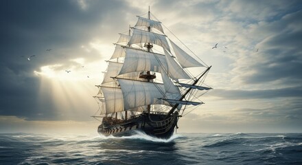Majestic sailing ship navigating stormy seas under a dramatic sky.