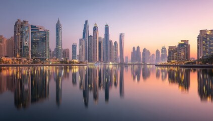 Fototapeta premium Panoramic view of a city skyline reflected in a calm body of water at dawn