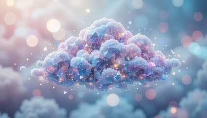 A soft digital cloud with glowing geometric facets and bokeh.