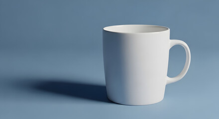 Obraz premium Serene Still Life of a White Ceramic Mug against a Soft Blue Backdrop, Evoking Calmness and Simplicity, Perfect for Product Mockups or Minimalist Design Concepts Featuring a Clean and Modern Aesthetic