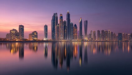 City skyline at dawn reflected in water