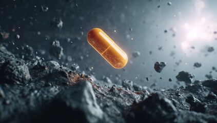 A golden capsule floats amidst a cosmic debris field