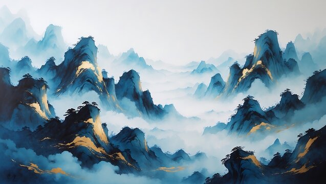 Misty blue mountains with golden highlights in a traditional chinese ink wash painting style - Powered by Adobe