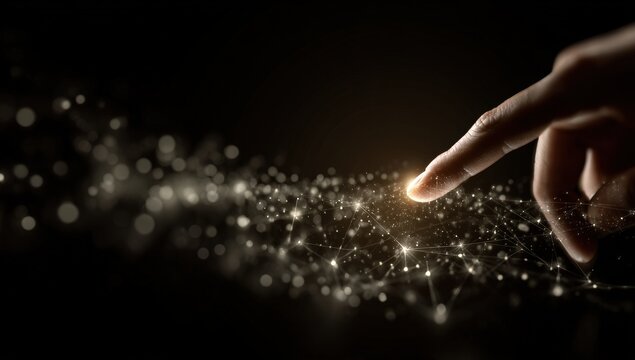 A hand touches a network of light