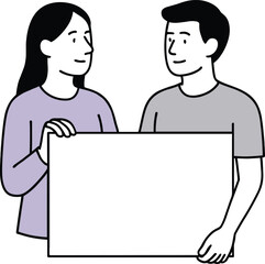 Cartoon illustration of man and woman holding blank board, copy space, teamwork concept, advertising design, communication, marketing, business message.