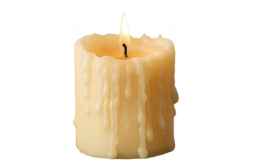 Burning candle with melting wax dripping on transparent background