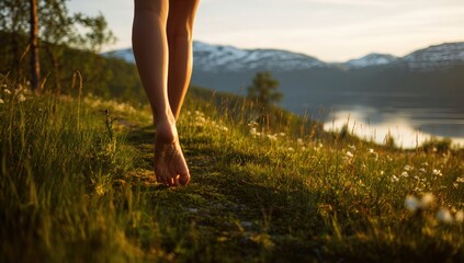 Barefoot hiker on a grassy hillside at sunset
