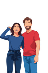 Fototapeta premium Happy young couple standing together smiling casual clothing vector illustration 