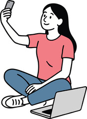 Cartoon illustration of young woman sitting with laptop taking selfie using smartphone, modern lifestyle concept, social media communication, digital technology.