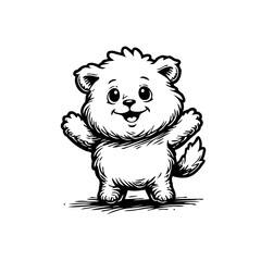 A delightful monochrome sketch of a cartoon bear expressing cheerfulness and engaging with open