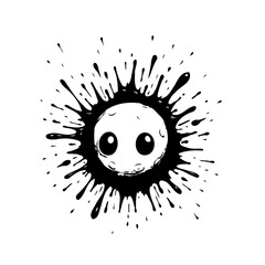 A whimsical monochrome character emerging from splatter ink evoking playfulness and abstract